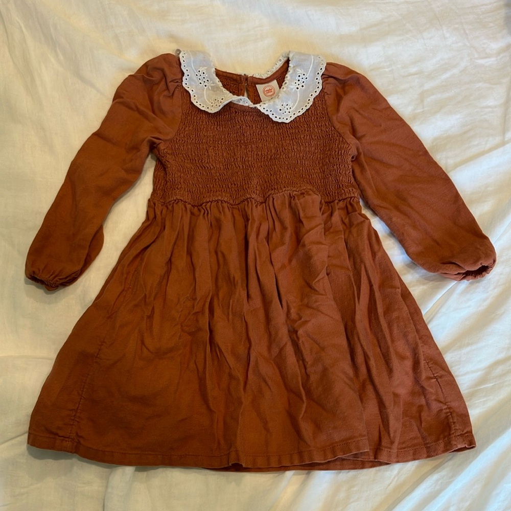 Charming rust Brown Kids Dress with eyelet cream Collar